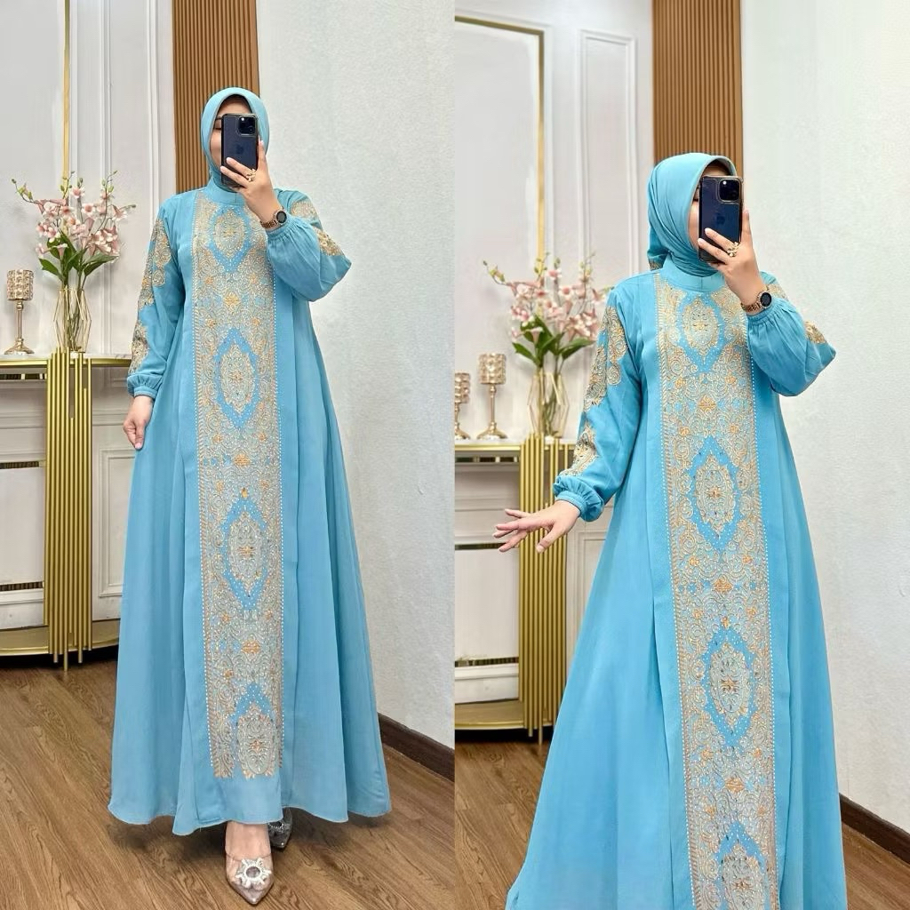 Gamis Ceruty Hilya Premium Bahan Super Full Furing Lembut Motif Bordir Manik Elegan - Bintang Putri