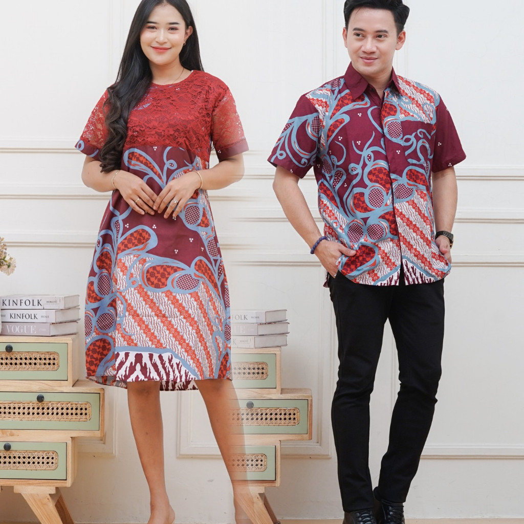 Baju Batik Couple Dress Brokat Lengan Pendek Baju Pasangan Pesta