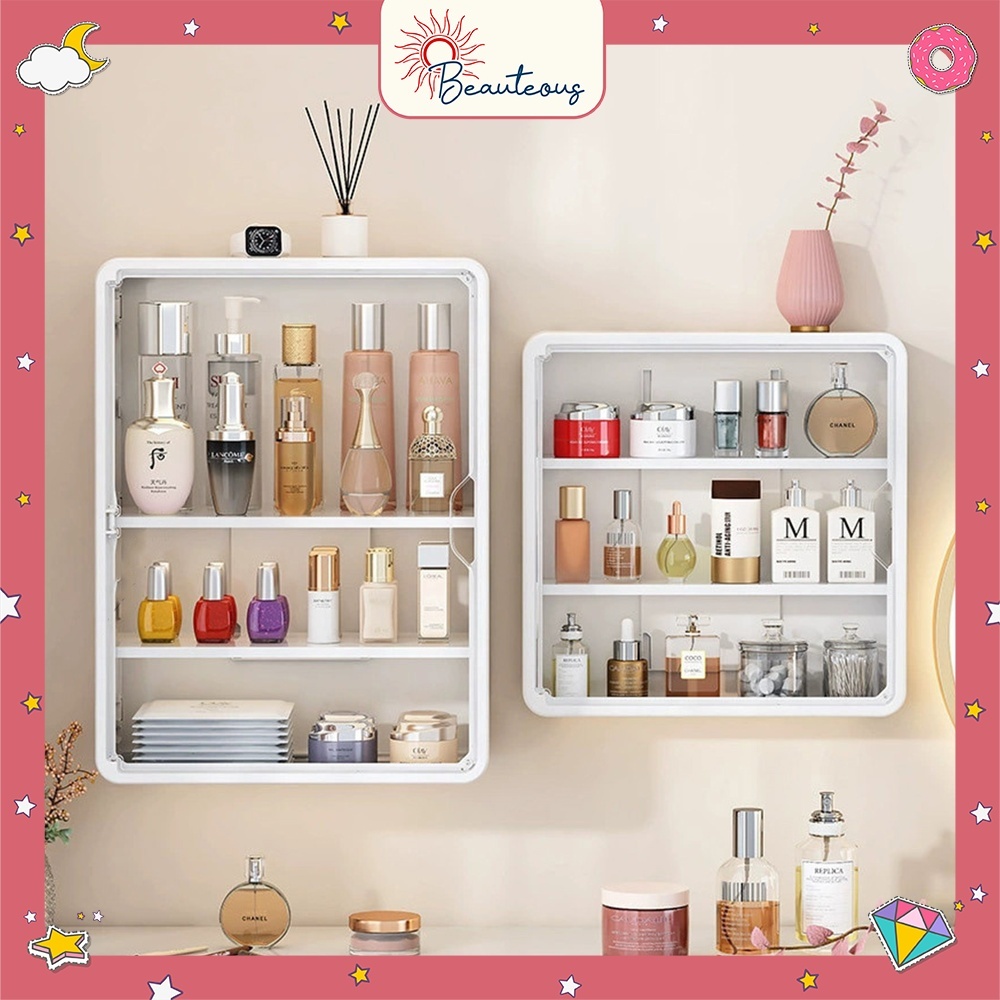 Rak Lemari Dinding Penyimpanan Sabun Skincare Kamar Mandi Plastik Tahan Air Transparan Multifungsi