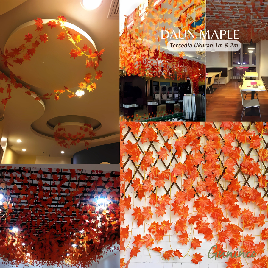 LCI Daun Rambat Maple Tanaman Artificial Hiasan Dinding Dekorasi Rumah Daun Orange Bunga Mapple