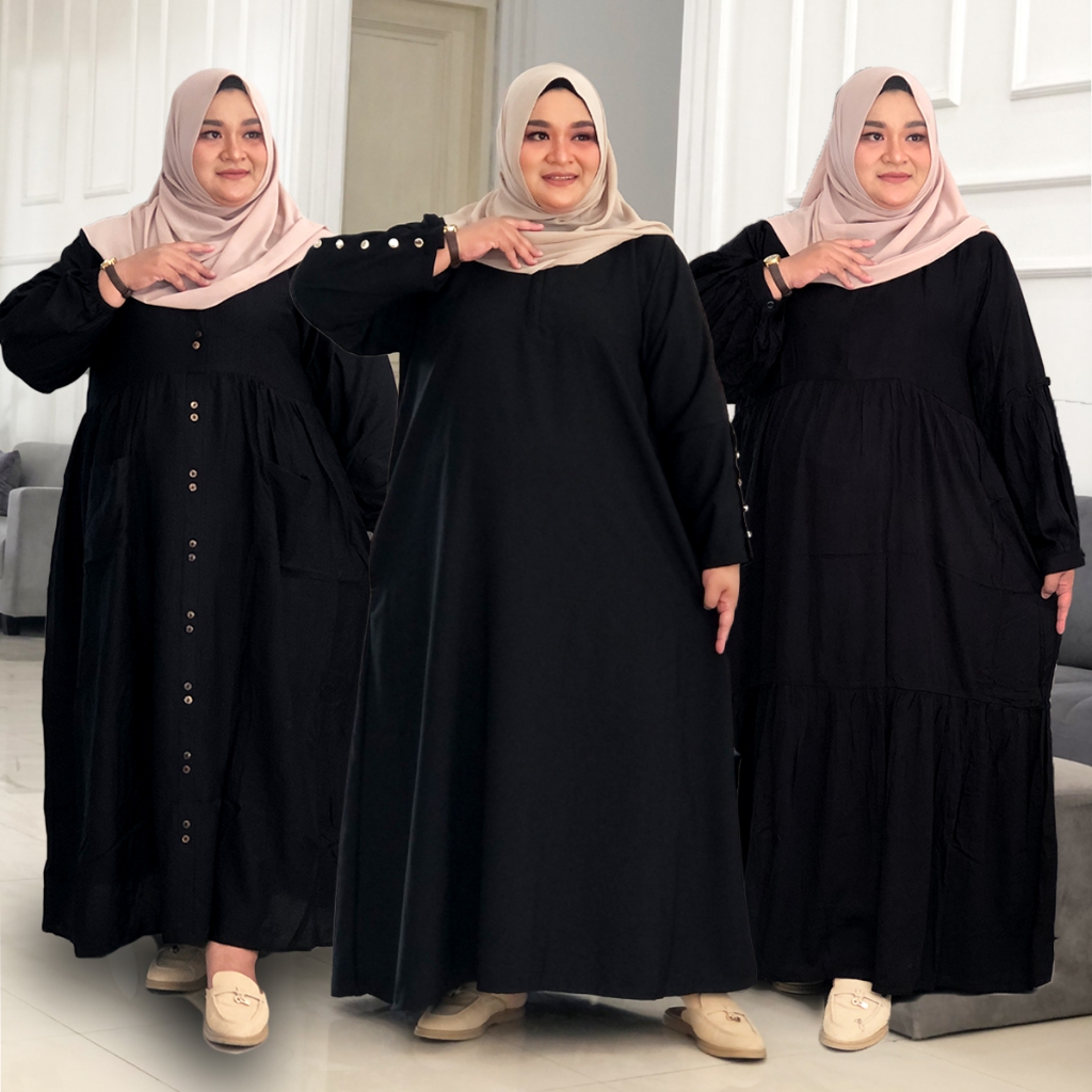 Gamis Jumbo Warna Hitam LD 110 120 130 140 Simpel Kekinian