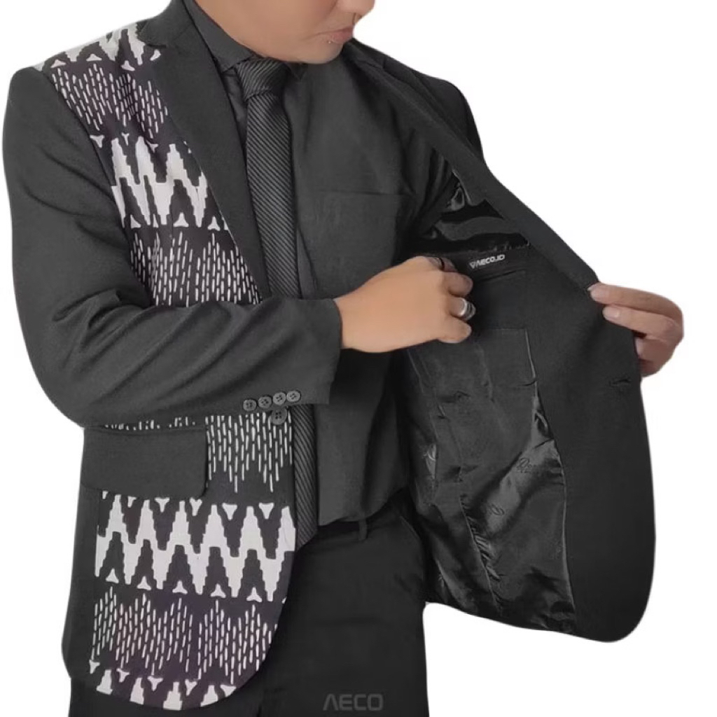 Sevenfour Jas blazer pria casual formal motif batik black