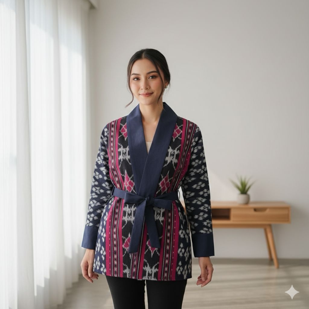 Atasan Wanita Tenun Ikat Premium – Blouse Outer Batik Modern Elegan Lengan Panjang