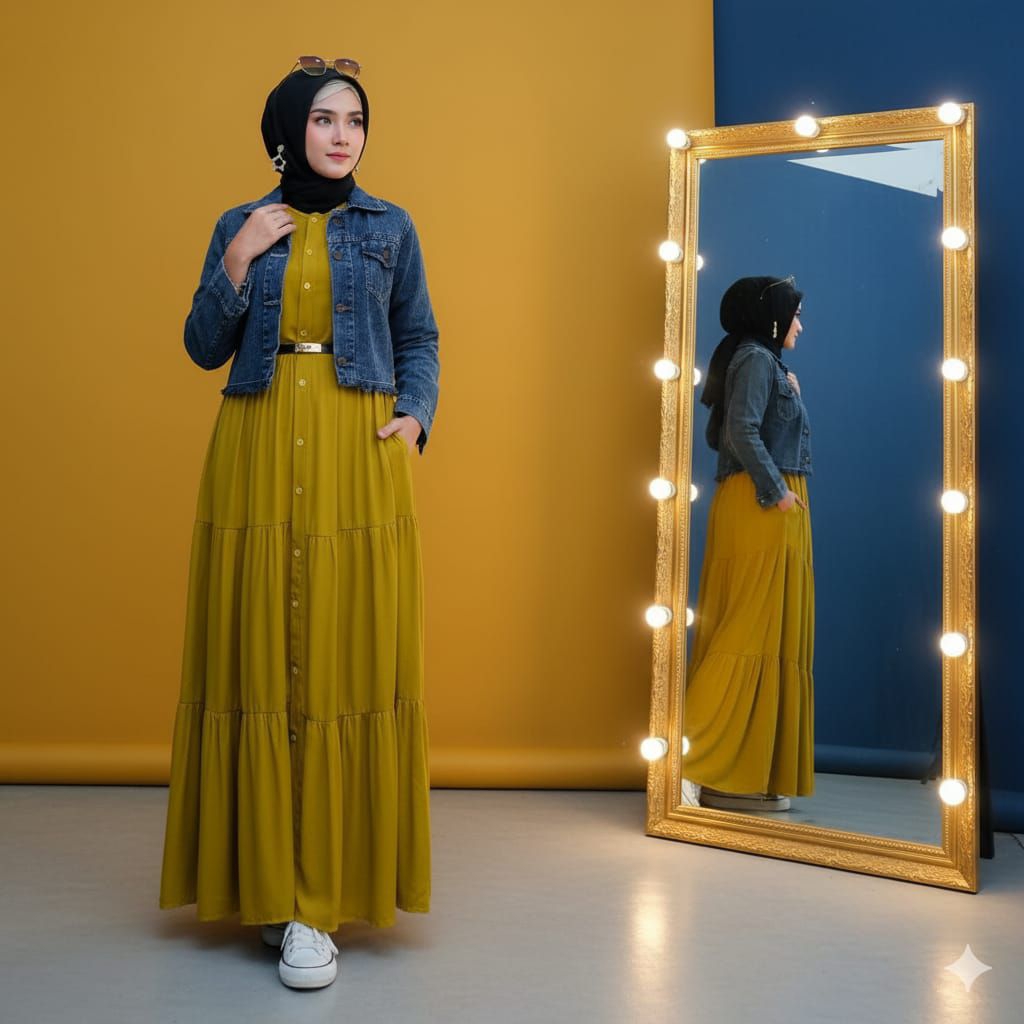 Gamis Motif Polos Dan Jaket Jeans One Set Gamis Long Dress + Jaket Denim Crop