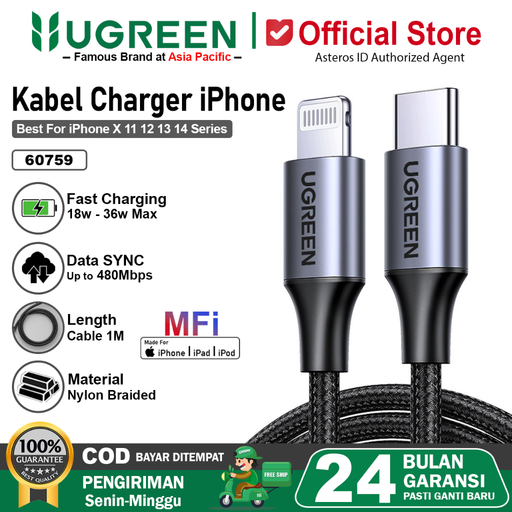 UGREEN Kabel Data MFi Fast Charging iPhone 14 13 12 11 Pro Max Charger USB Type-C To Lightning Nylon