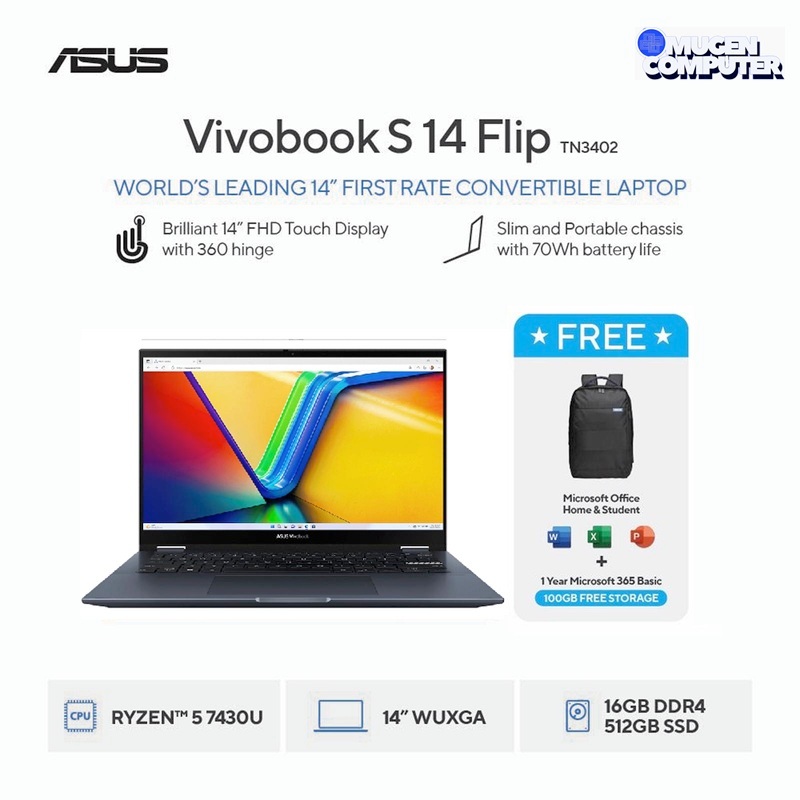 Asus Vivobook S14 Flip TN3402YA-VIPS558M AMD Ryzen 5 R5 7430U ram 16GB ssd 512GB 14" WUXGA Touch W11