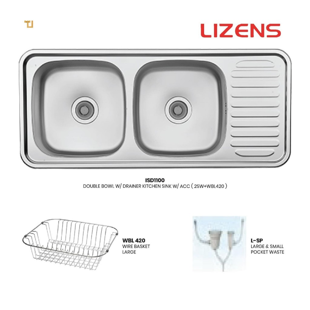 LIZENS Korea Double Bowl ISD1100 - Kitchen Sink Stanless 1100 x 480 mm