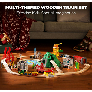 SainSmart Jr. 112-Piece Wooden Train Set for Toddler – Double-Sided Train Tracks, Compatible with Br