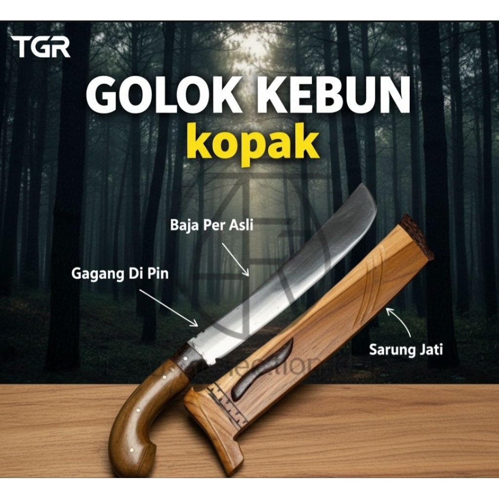 Golok Kebun Kopak Baja Per Asli dengan Gagang Dipin dan Sarung Kayu Jati Ukir Tradisional