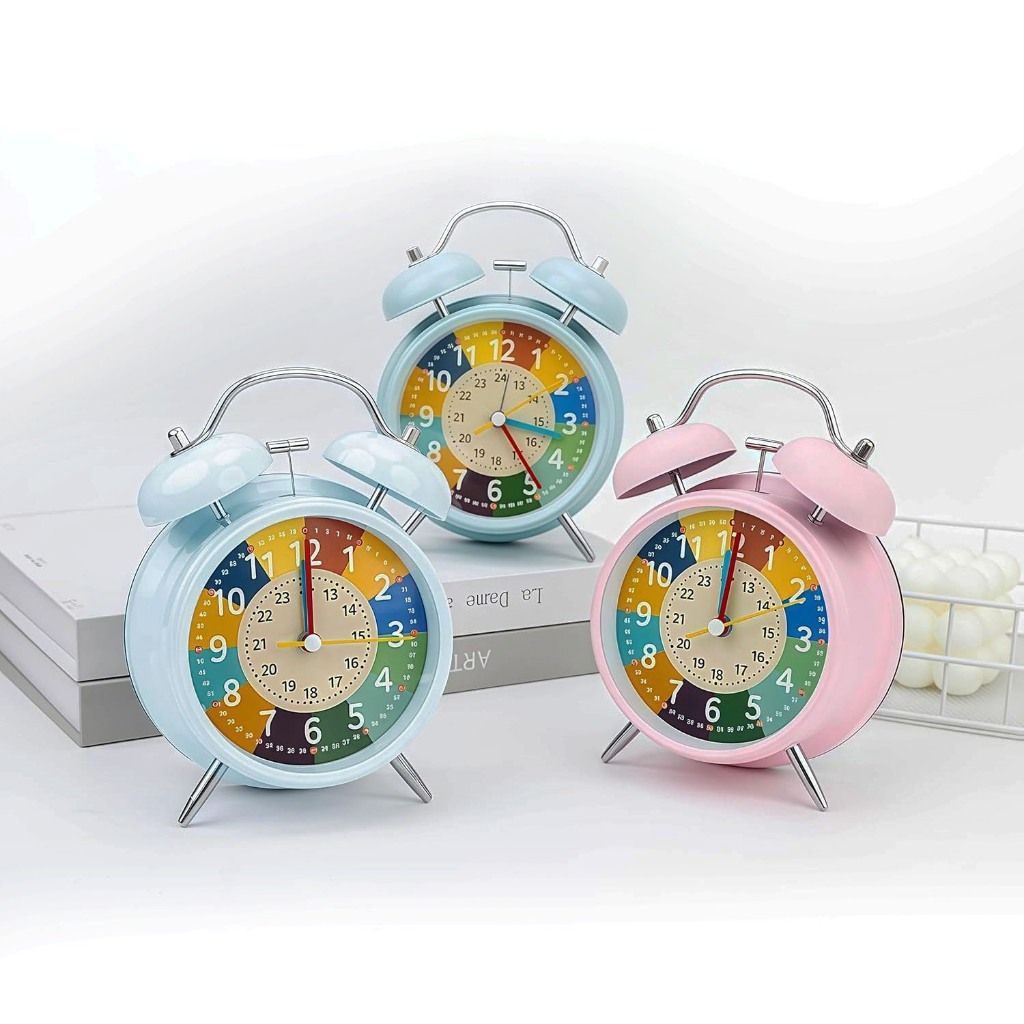 Jam Alarm Analog Klasik Anak Belajar Waktu, Twin Bell 4.5", Suara Keras, Tenang Tanpa Tik-Tik, Lampu