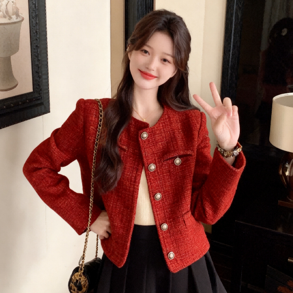 MISS EMITA Baju Outer Merah Crop Top Lengan Panjang Blazer Wanita Premium Long Outer Brokat Kondanga