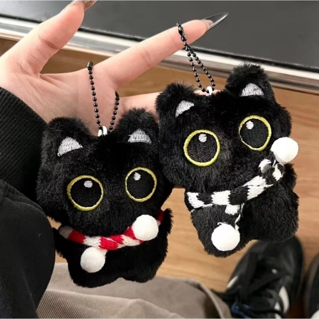 Gantungan Kunci Kucing Hitam Syal Merah Putih Lucu | Ganci Black Cat Kucing Putih Polos