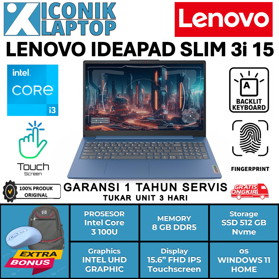 Laptop Touchscreen Lenovo Ideapad Slim 3i 15 Intel Core 3 100U Ram 8GB Ssd 512GB Window Original