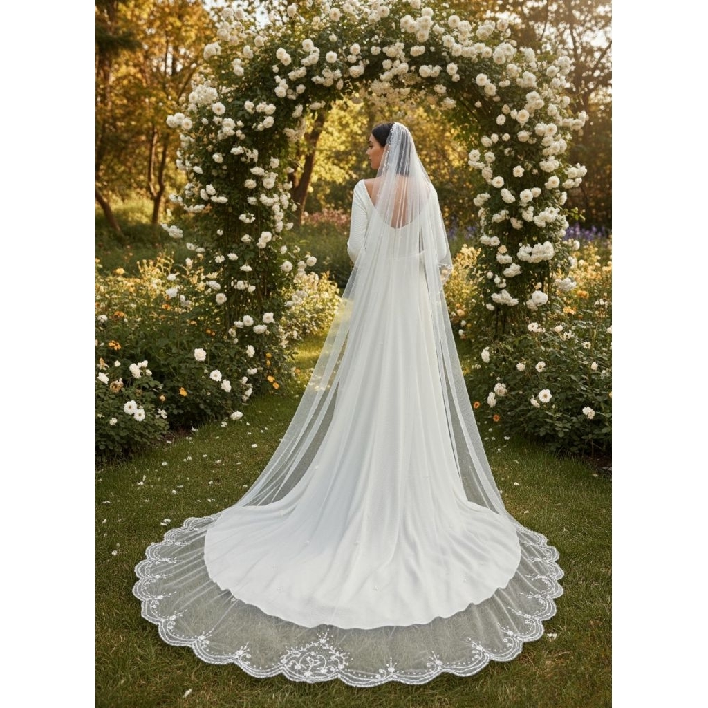 wedding veil payet panjang| kerudung pengantin payet|slayer pengantin mewah payet| wedding veil paye