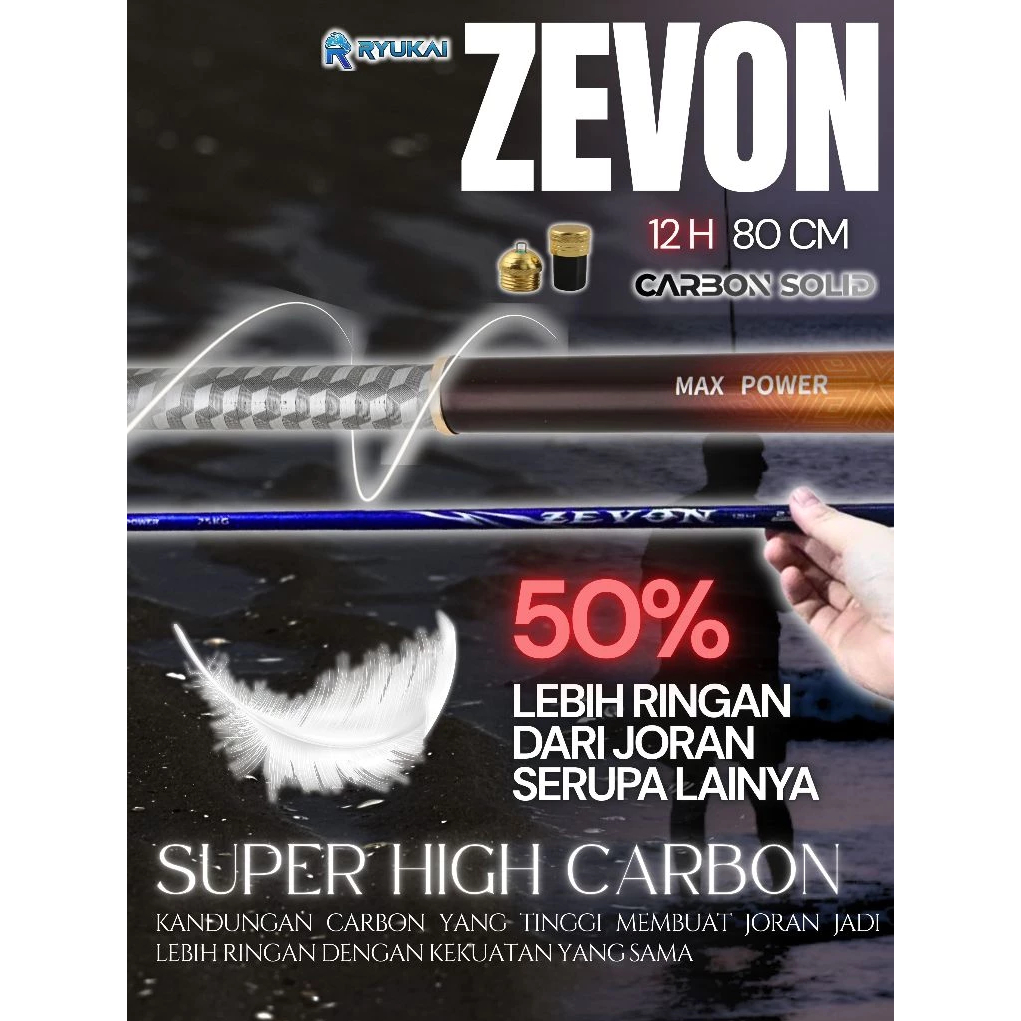 Ryukai Zevon Joran Tegek Galatama Carbon Solid Kaku 10 H 70 Cm SUPER RINGAN KUAT Bonus Karet Bakar