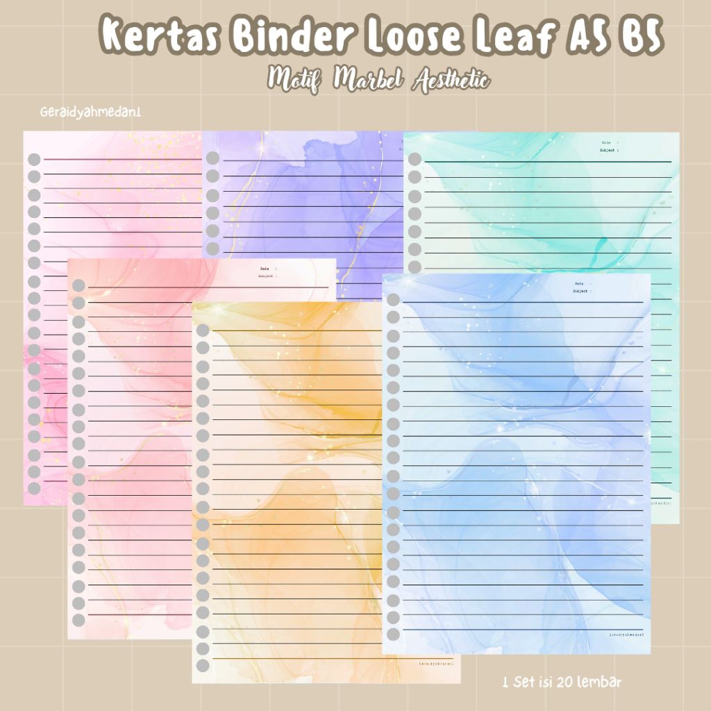 Kertas Binder Loose leaf A5 B5 Motif Marbel Aesthetic