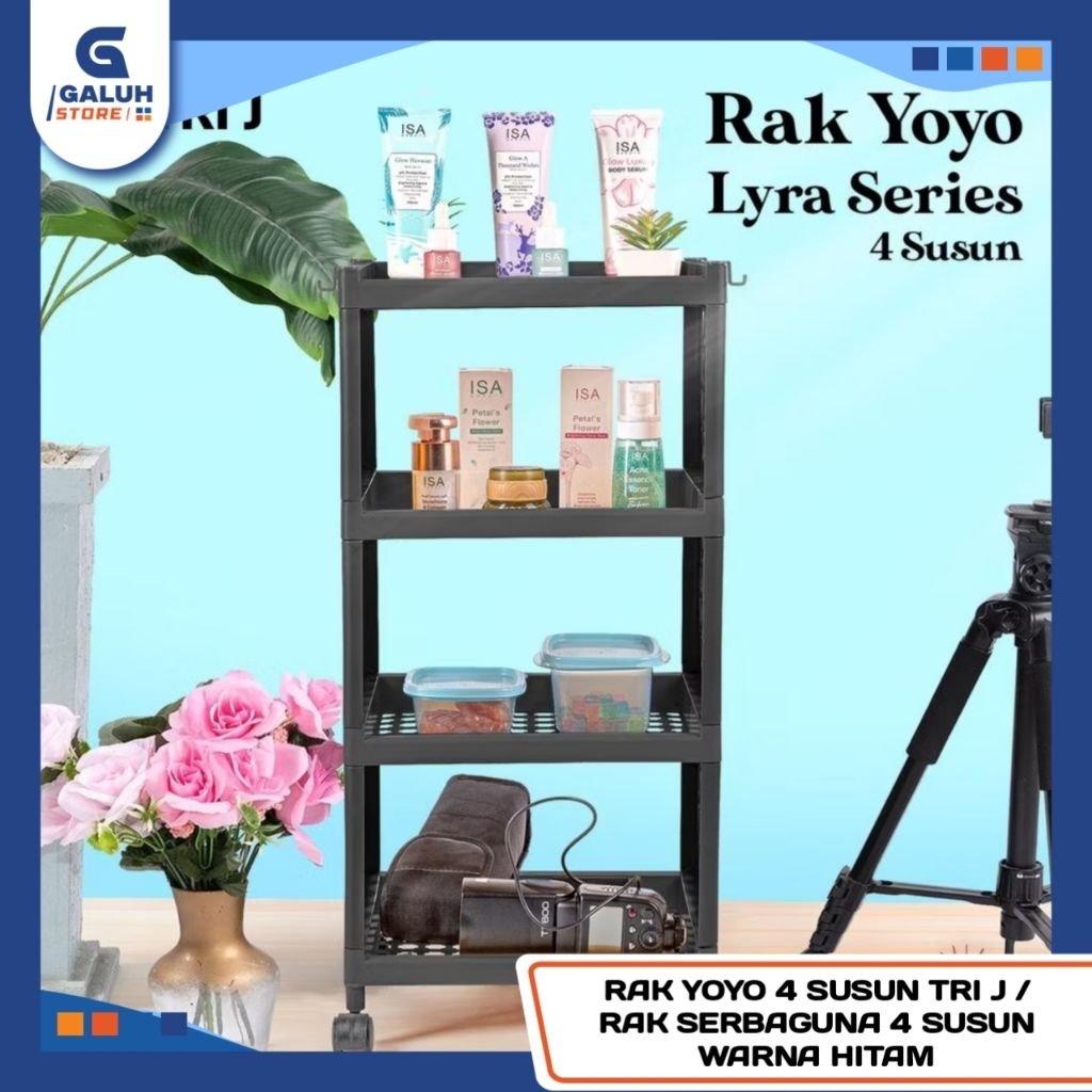 Rak Yoyo 4 Susun Tri J / Rak Serbaguna 4 Susun Warna Hitam / Tempat Penyimpan 4 Tingkat Multifungi