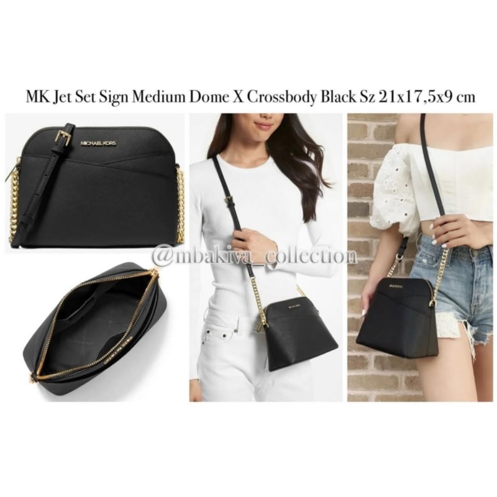MK Jet Set Sign Medium Dome Crossbody Black