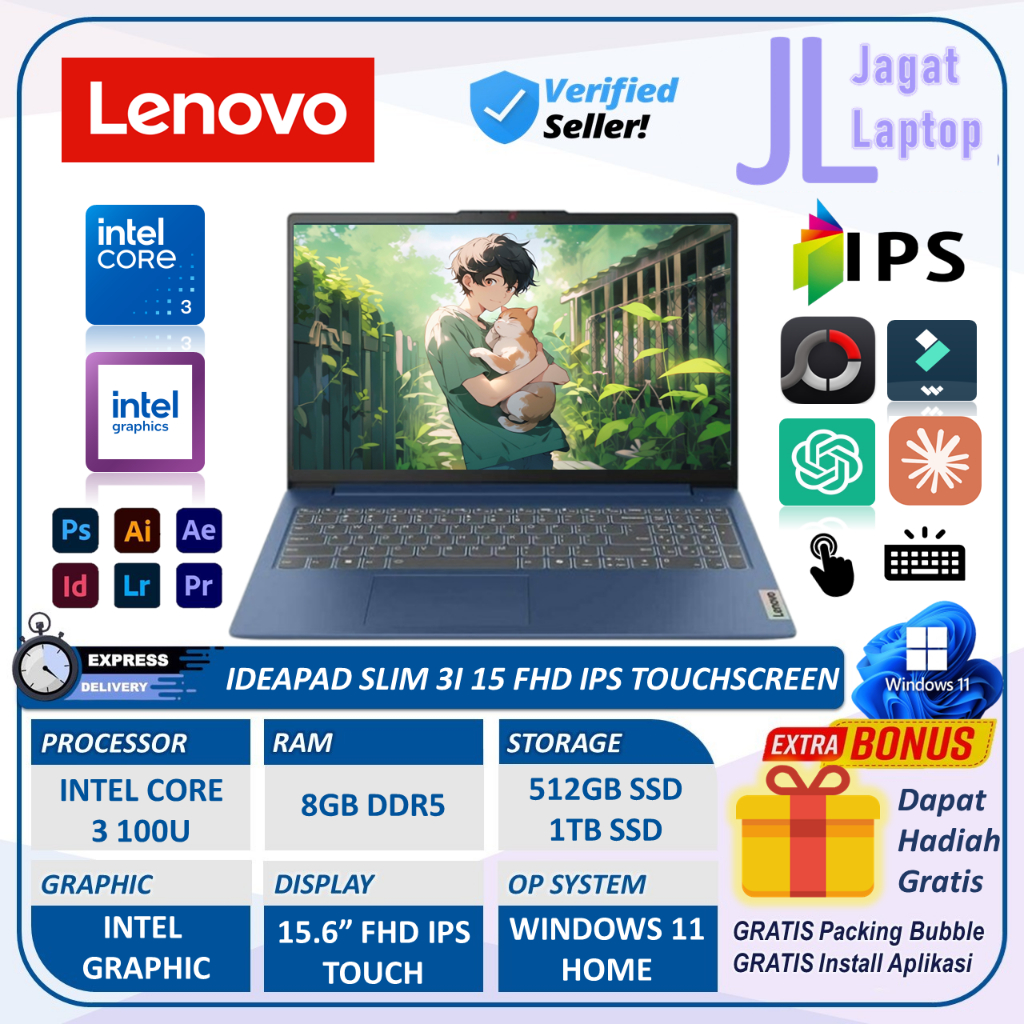Laptop Murah Lenovo Ideapad Slim 3i intel Core i3 15 inch Full HD IPS Touchscreen Ram 8GB 1TB SSD