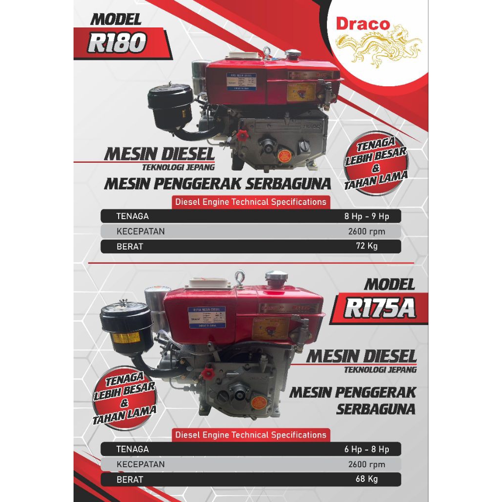 Mesin dompeng diesel r175 7.5hp mesin penggerak serbaguna draco r175