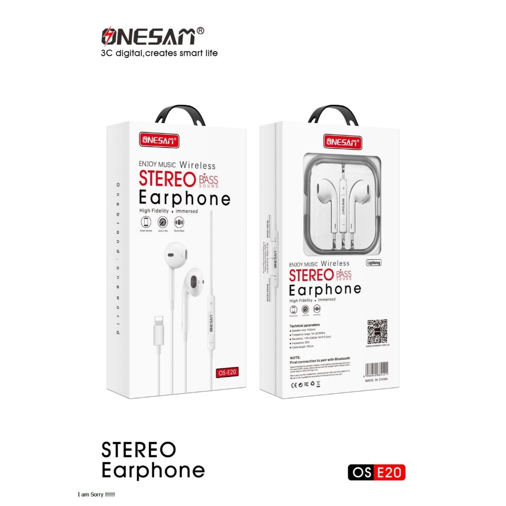 HF ONESAM Earphone Headset E20 Original – Jack Lightning iPhone X, Xr, Xs, 11, 12, 13 Series, Suara 