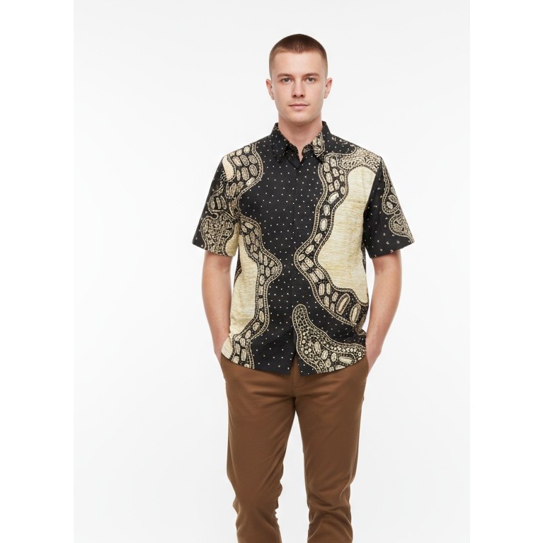 Kemeja Hem Batik Pria Lengan Pendek Hitam Putih 48 - Batik Nulaba