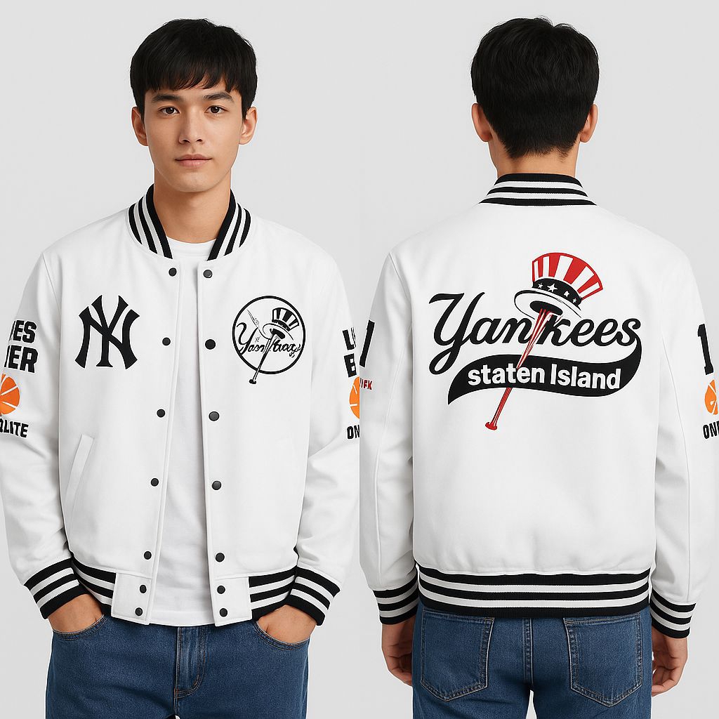 Jaket Varsity Pria Baseball Yankees Stylish Putih Hitam