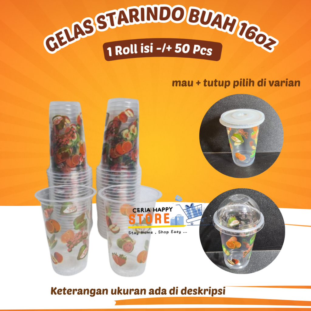 CERIA - Gelas Buah Plastik 16 oz Isi 50 Pcs l Gelas Jus Juice Pop Ice 16oz l Cup Sablon Printing Sta