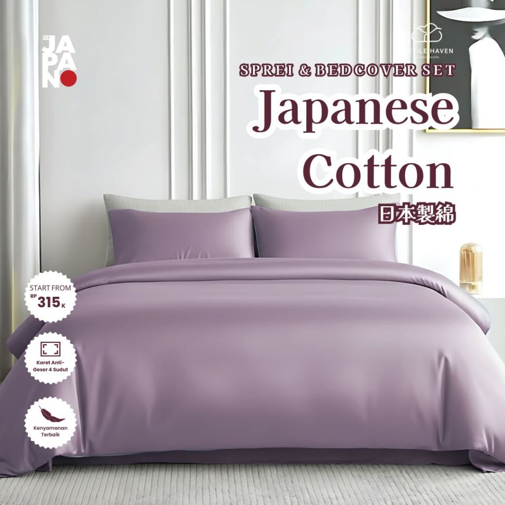 Sprei dan BedCover Set Katun Jepang Import Polos Purple Ungu | Sprei Premium Japanese Cotton Plain