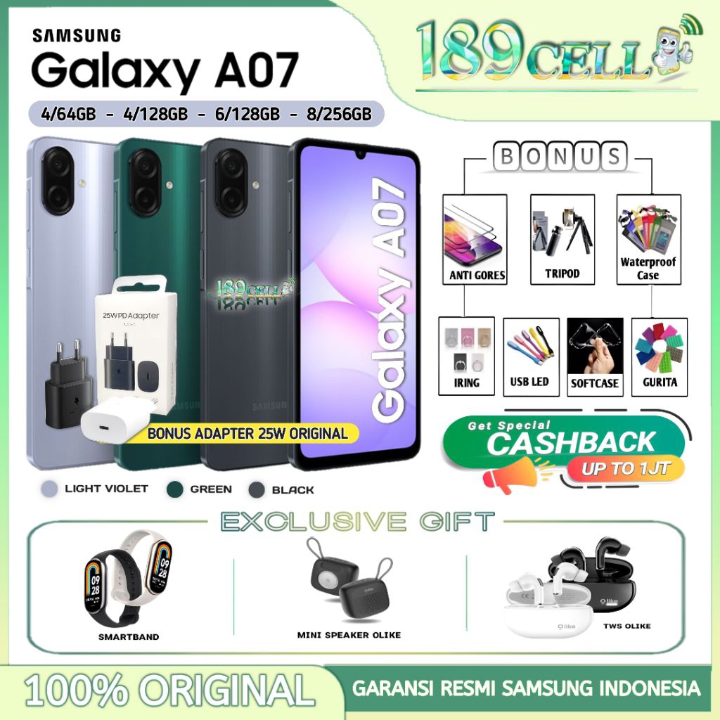 SAMSUNG GALAXY A07 [4/64GB] [4/128GB] [6/128GB] [8/256GB] - Camera 50MP, Helio G99 - GARANSI RESMI