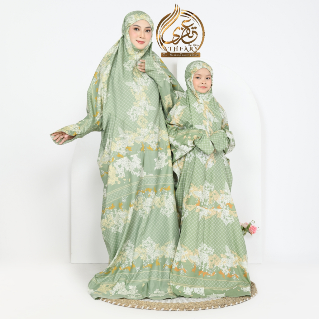 Athfari - Mukena Terusan Couple Anak Dewasa Katun Premium Bunga Print