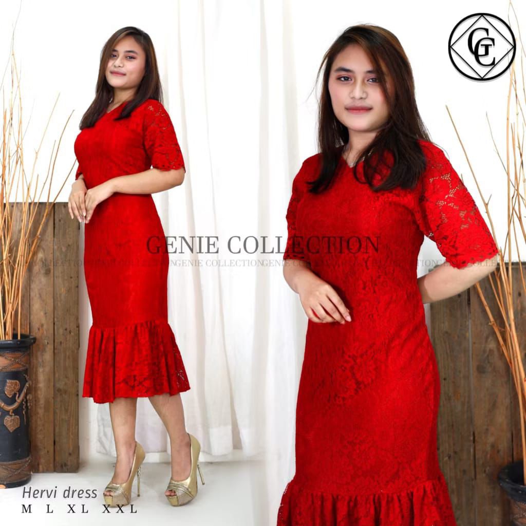 Midi Dress Hervi Brukat Model Duyung/Dress Pesta/Dress Kondangan/Dress Natal
