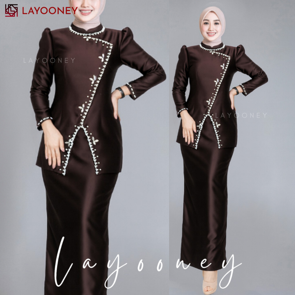 Zarine Setelan Baju Kurung Melayu Wanita Slimfit Pakaian Kondangan Tunik Kebaya Pesta Satin Hitam