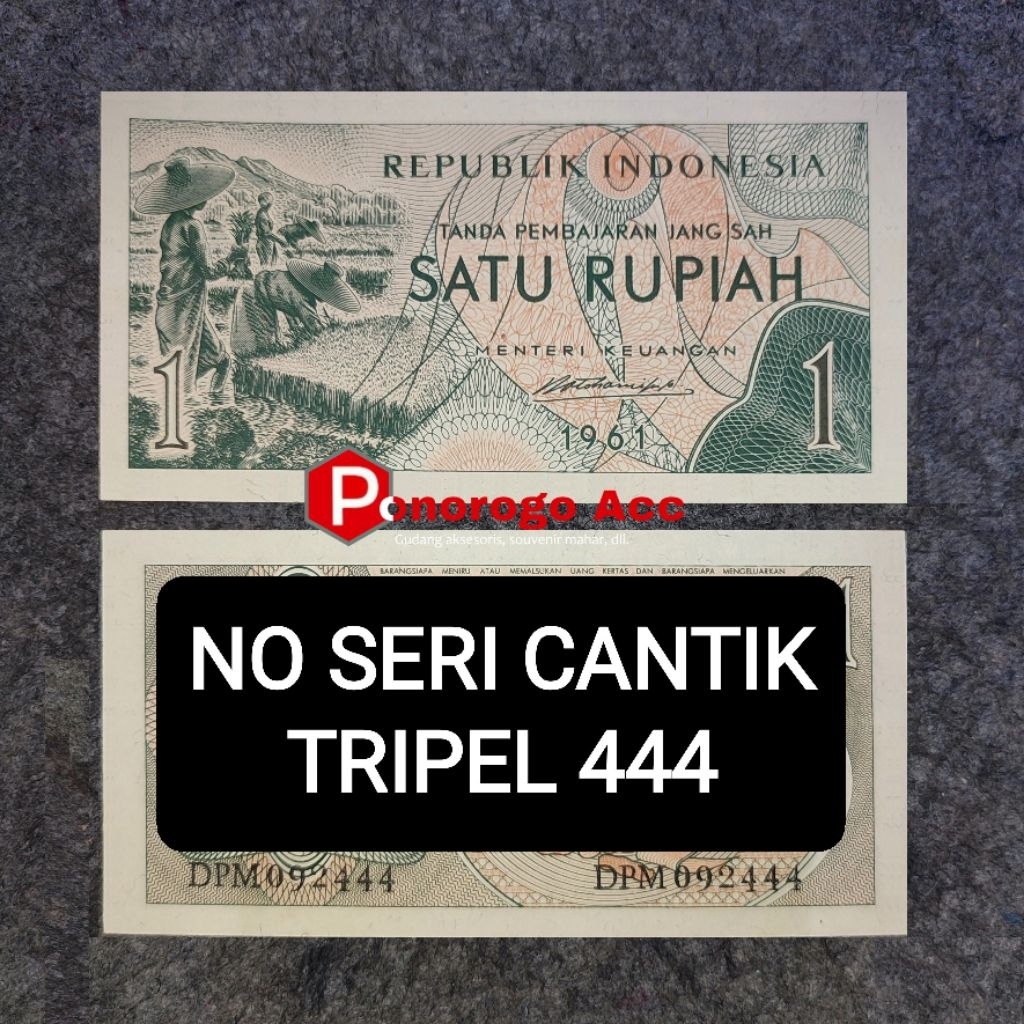 (GRESS/UNC) Nomor seri cantik 1 Rupiah Sandang Pangan tahun 1961 Urut 2 lembar