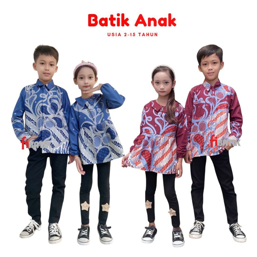 Batik Anak Perempuan Dan Laki-laki Usia 2-15 Tahun SD-SMP Lengan Panjang Atasan Kemeja Batik