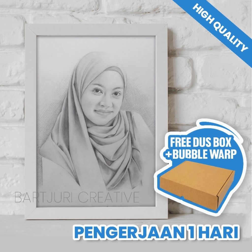 KADO LUKISAN SKETSA WAJAH REALIS COCOK UNTUK KADO UKURAN 5R, A4, dan A3 CUSTOM GRATIS BINGKAI