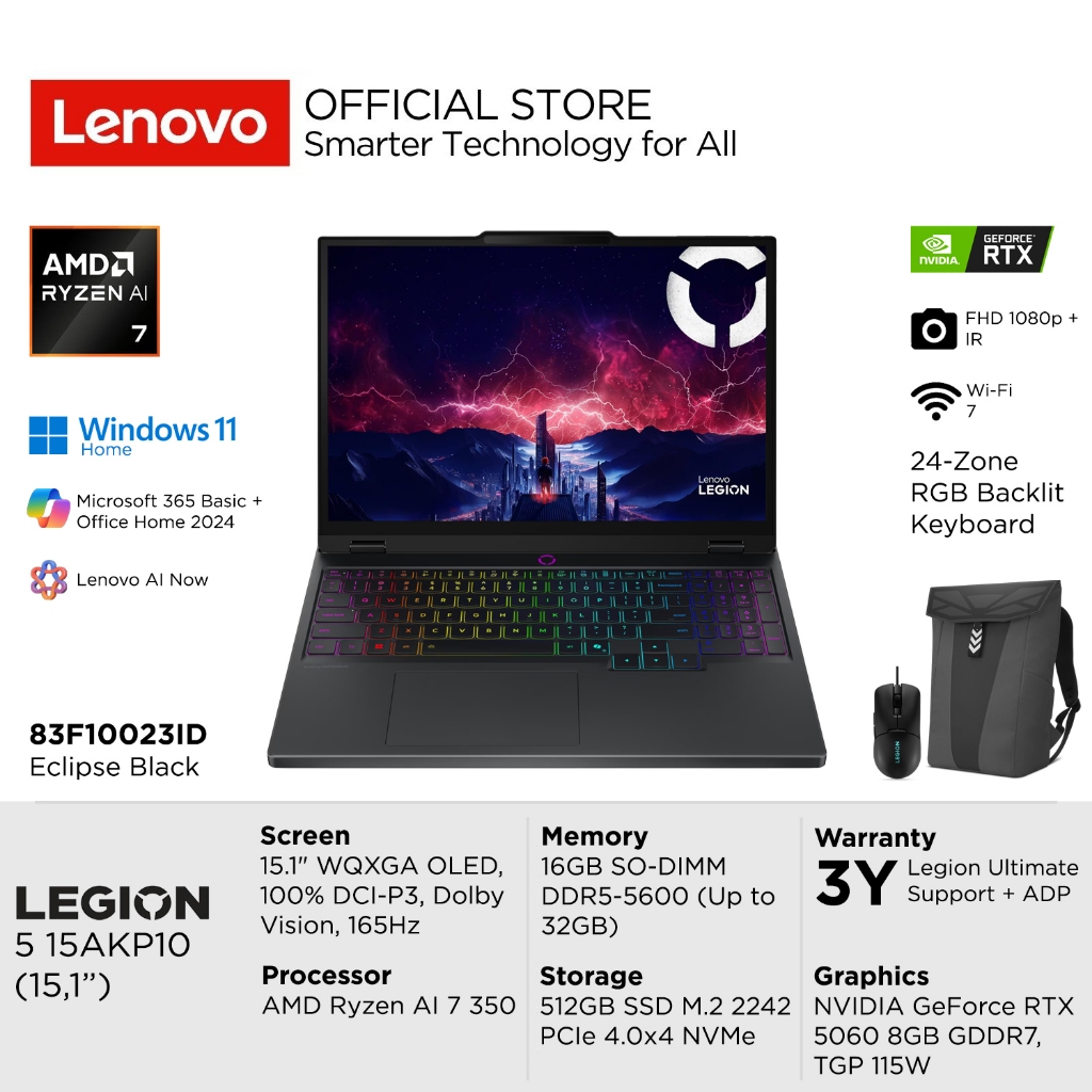 Lenovo Legion 5 15AKP10 23ID AMD Ryzen AI 7 350, NVIDIA RTX 5060 8GB, RAM 16GB, 512GB SSD, 15.1" WQX