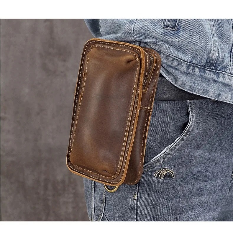 AENY Tas Selempang Kulit Crazy Horse Vintage Pria Dengan Ikat pinggang Dan Tali pinggang Dompet Mini