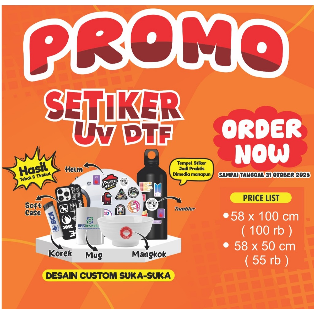 Stiker UV DTF Custom Murah Cetak Print Cutting Souvenir Kaca Mug Helm Botol