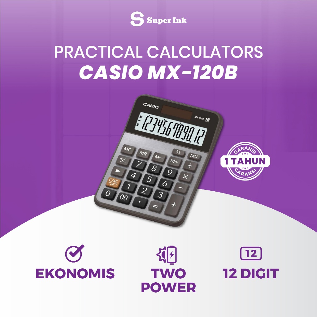Casio MX-120B-W-DC Kalkulator Meja Mini 12 Digit Layar Ekstra Besar, Fungsi Memory