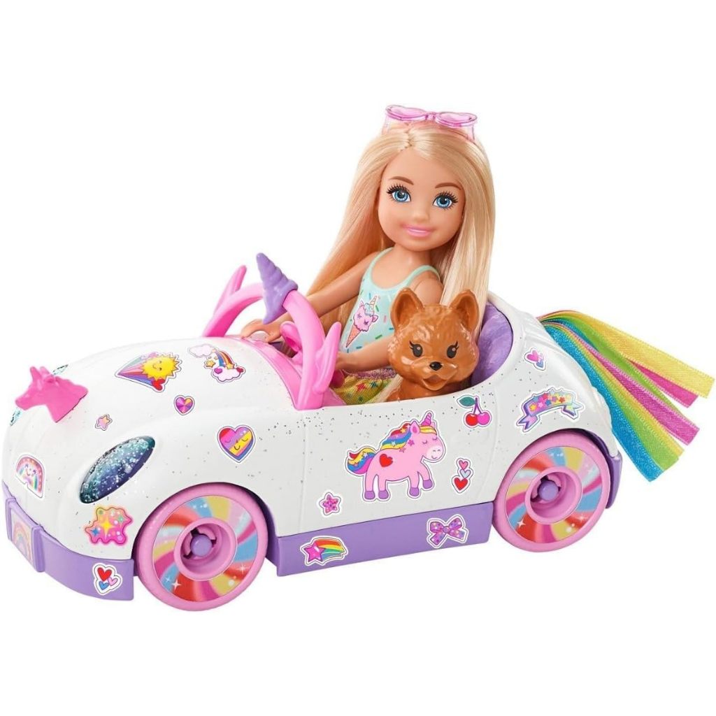 SET MOBIL MAINAN BARBIE CHELSEA DENGAN TEMA UNICORN, BONEKA KECIL PIRANG DENGAN ROK YANG DAPAT