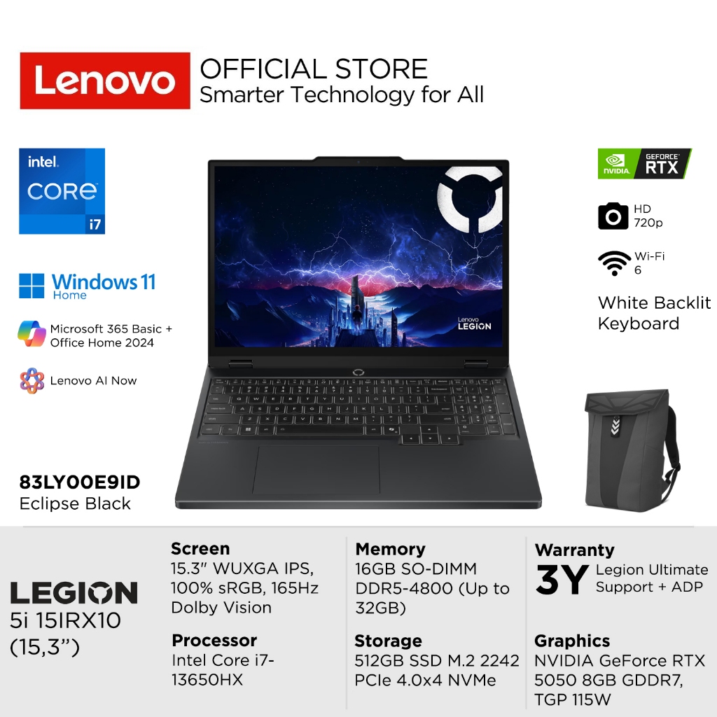 Lenovo Legion 5i 15IRX10 E9ID Intel Core i7-13650HX, NVIDIA RTX 5050 8GB, RAM 16GB, 512GB SSD, 15.3"
