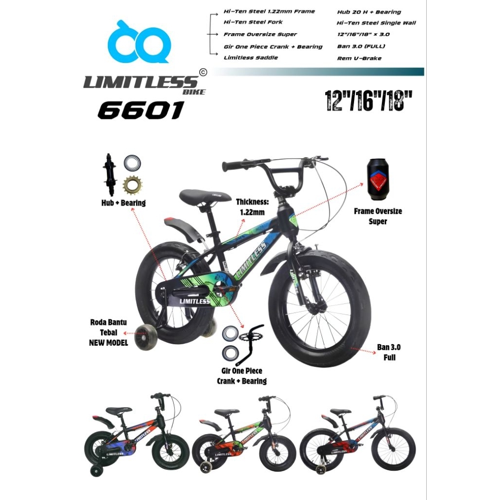 Sepeda Bmx Anak Cowo Ukuran 12 16 18 Inch 6601 Ban 3.0 Besar Asli Full Outdoor Roda