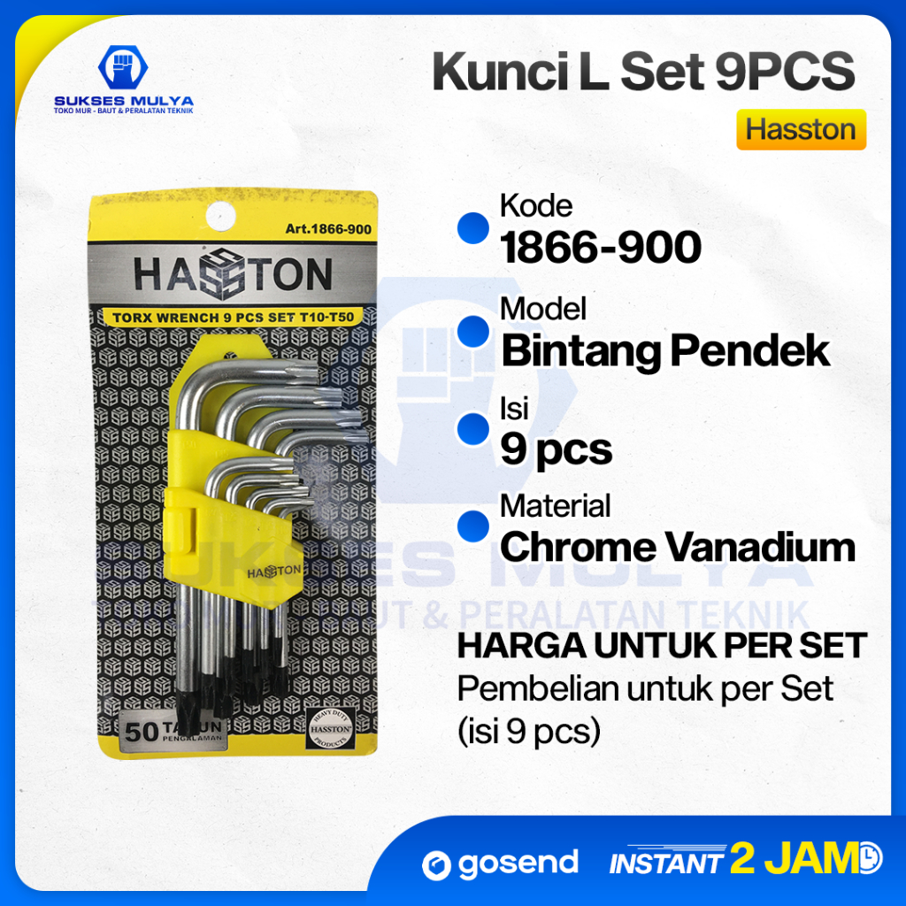 PROHEX HASSTON 1866-900 Kunci L Set Bintang Pendek 9 pcs