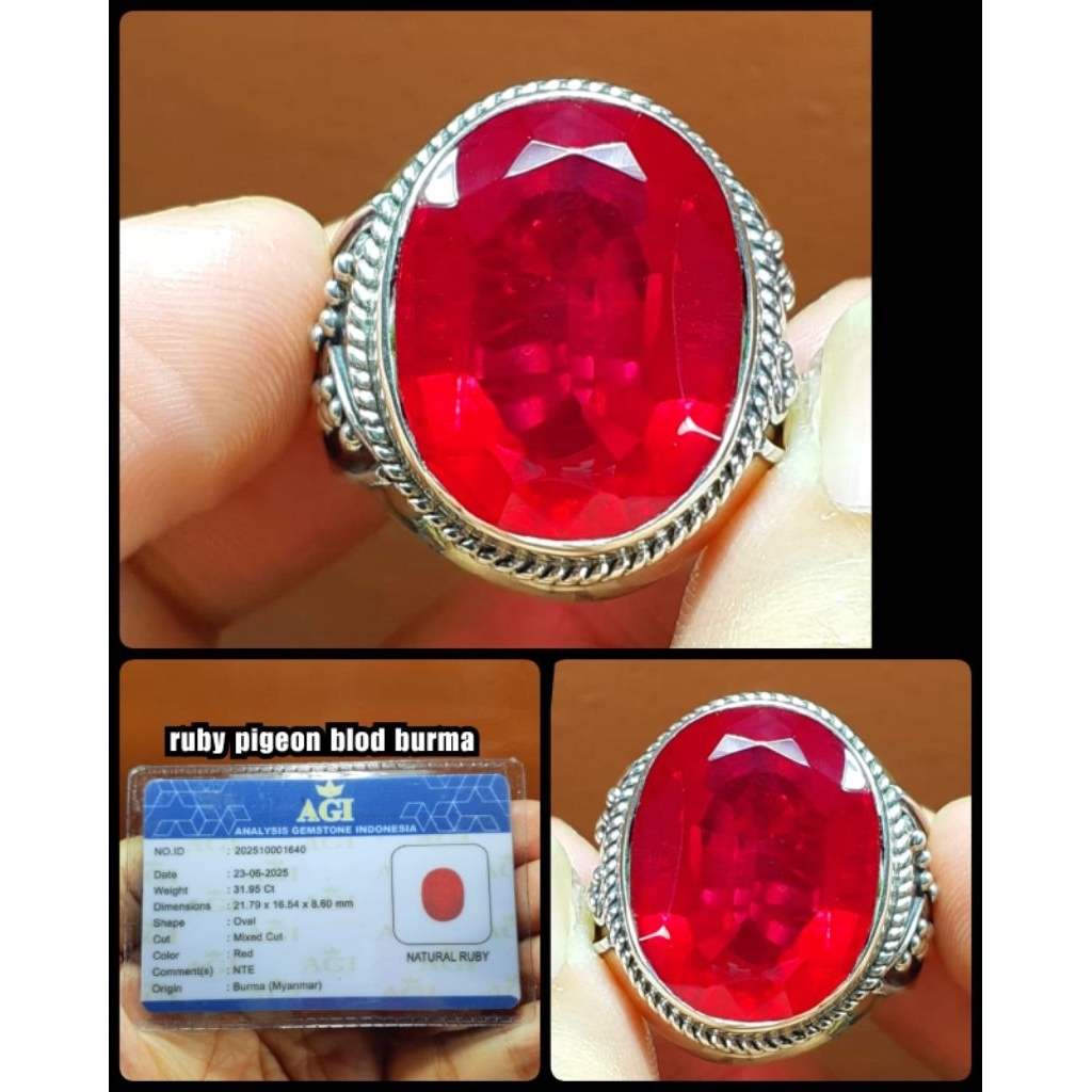 natural Ruby kontes Burma warna pigeon HQ + ring perak