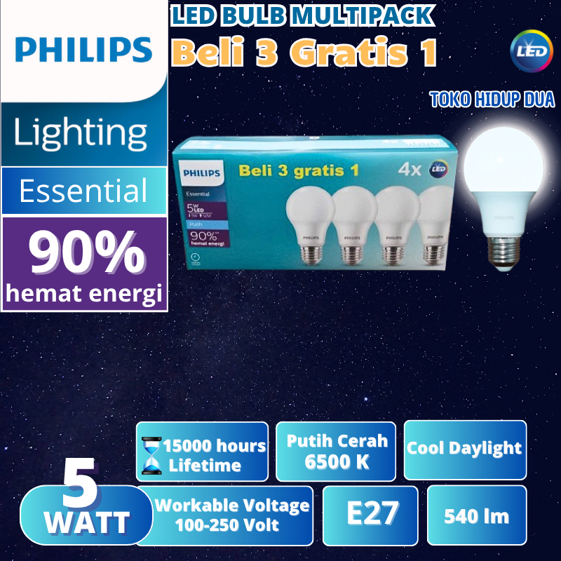 Lampu Philips LED Essential 5W Putih Philips 5 Watt Multipack Paket 3+1 Asli Bergaransi