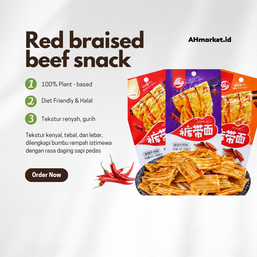 Snack vegetarian pedas gurih china 40g rasa Red Braised Beef | Mie Pipih & Pedas/instant