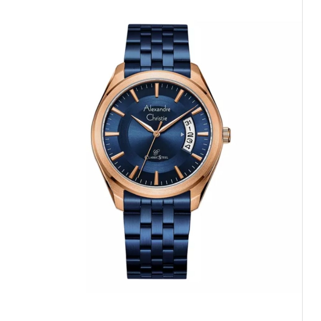 Jam Tangan Pria Alexandre Christie Classic Steel AC 8674 MD BURBU Men Blue Dial Blue Stainless Steel