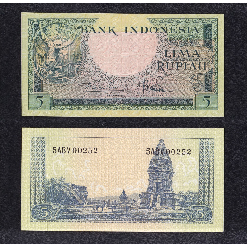 Uang kuno 5 rupiah seri Hewan tahun 1957 "monyet/owa-Jawa S/N ABV00252