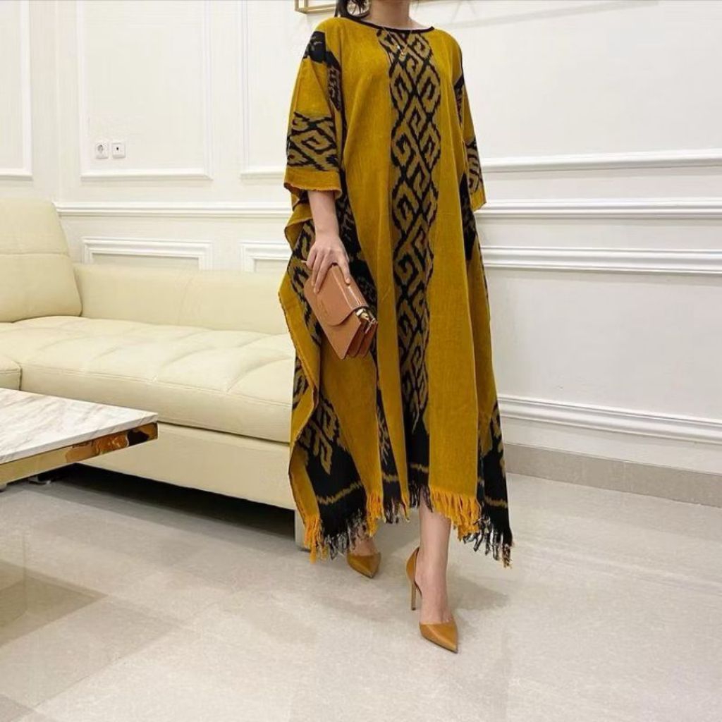 Kaftan Tenun Ikat Modern – Long Dress Etnik Wanita Khas Nusantara, Premium & Nyaman Dipakai